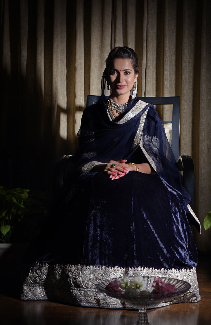Midnight Blue Kashmiri Tilla Embroidered Lehenga Outfit