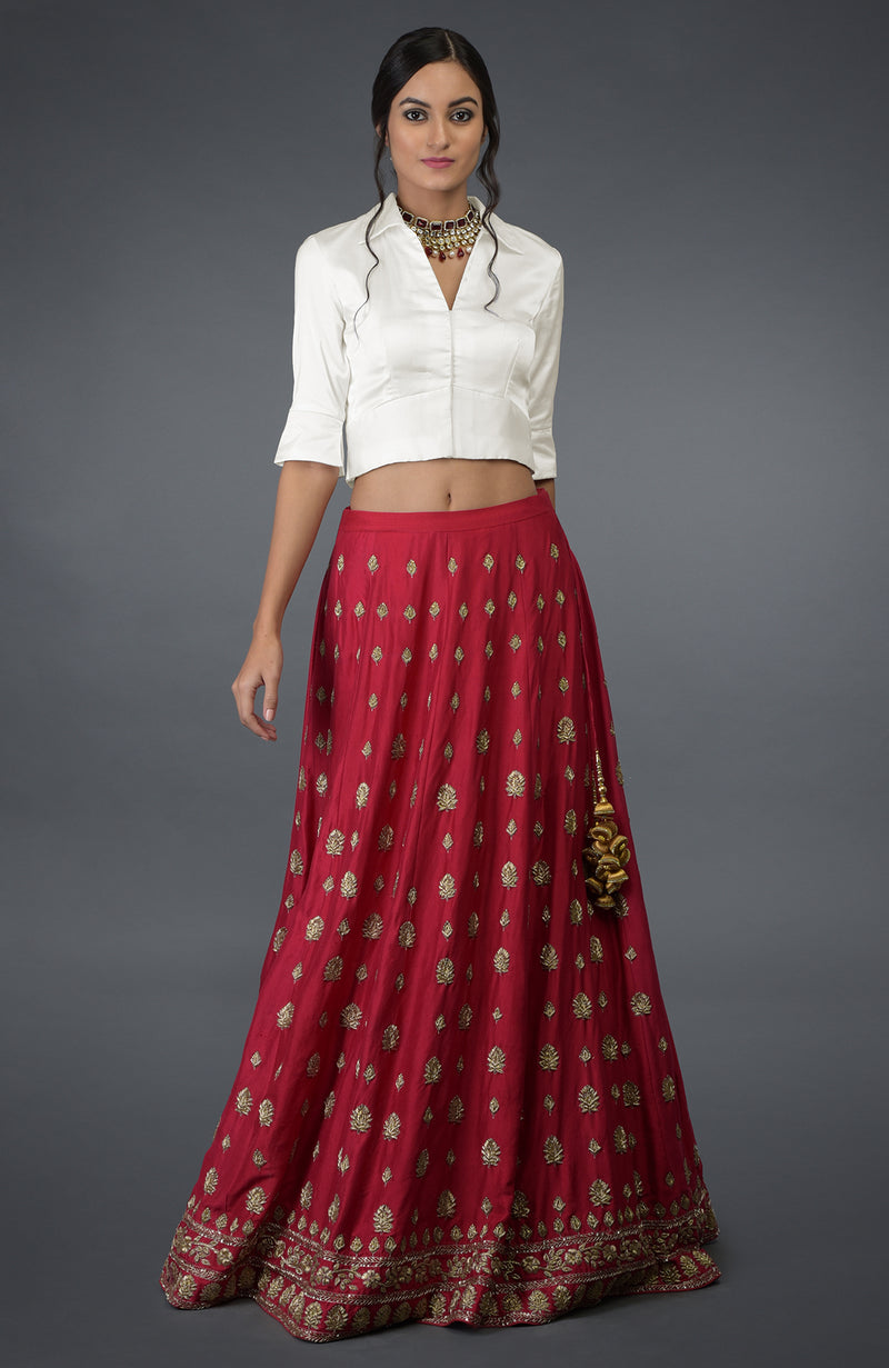 Royal Red Zardozi & Crystal Hand Embroidered Skirt