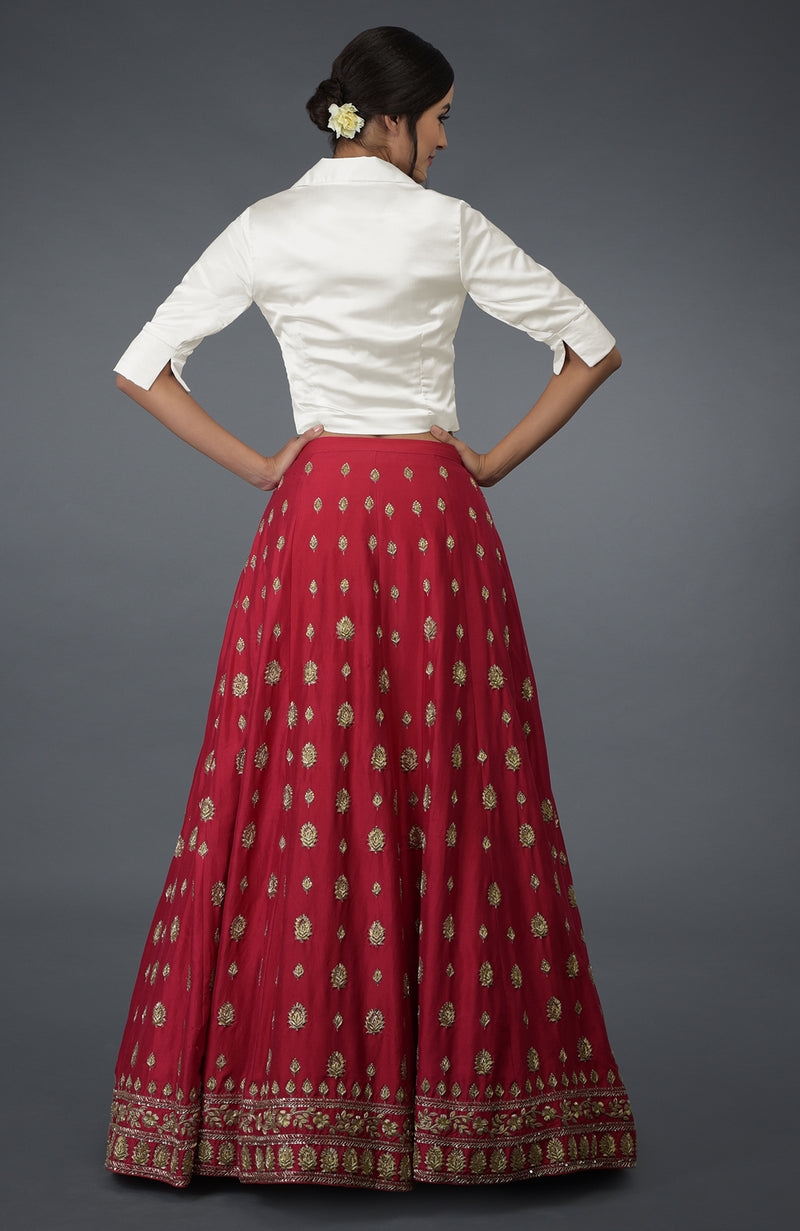 Royal Red Zardozi & Crystal Hand Embroidered Skirt With Blouse