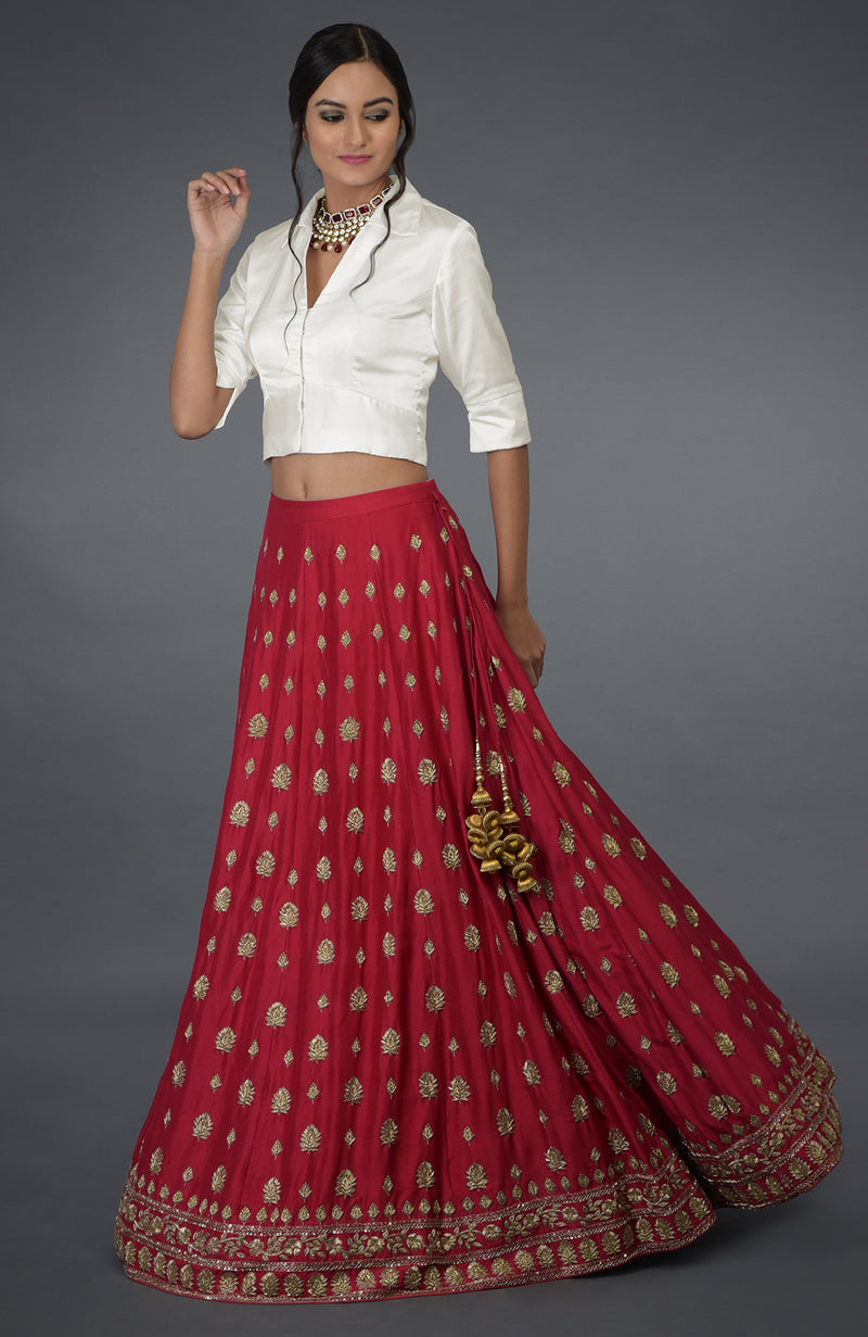 Royal Red Zardozi & Crystal Hand Embroidered Skirt