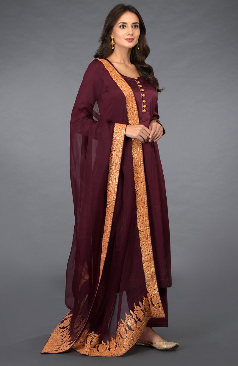 Burgundy Kashmiri Tilla Embroidered Salwar Pants Suit