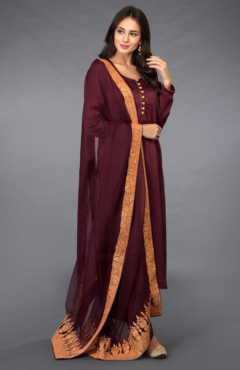 Burgundy Kashmiri Tilla Embroidered Salwar Pants Suit