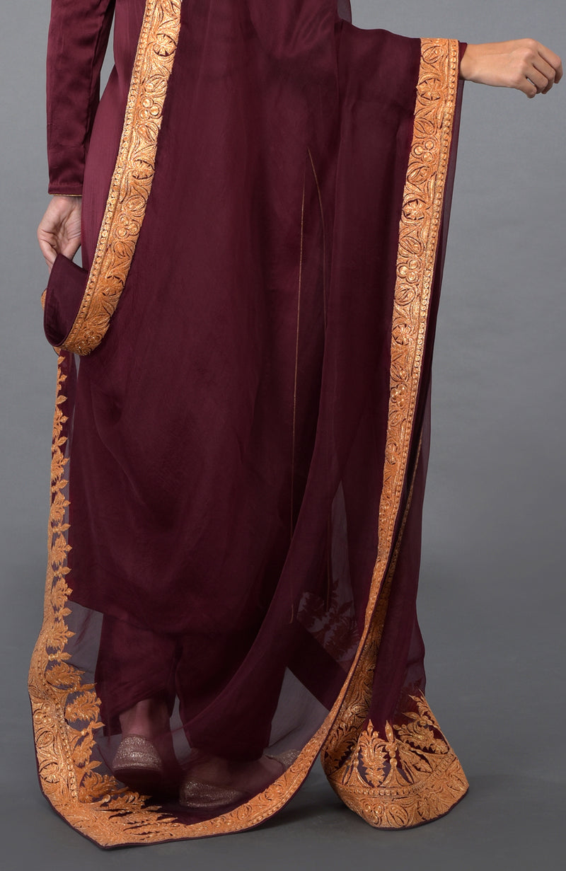 Burgundy Kashmiri Tilla Embroidered Salwar Pants Suit