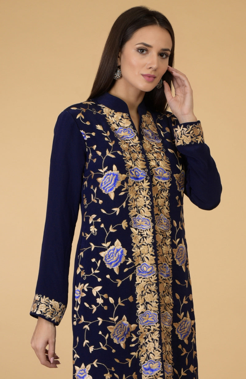 Midnight Blue Parsi Gara Jacket Set