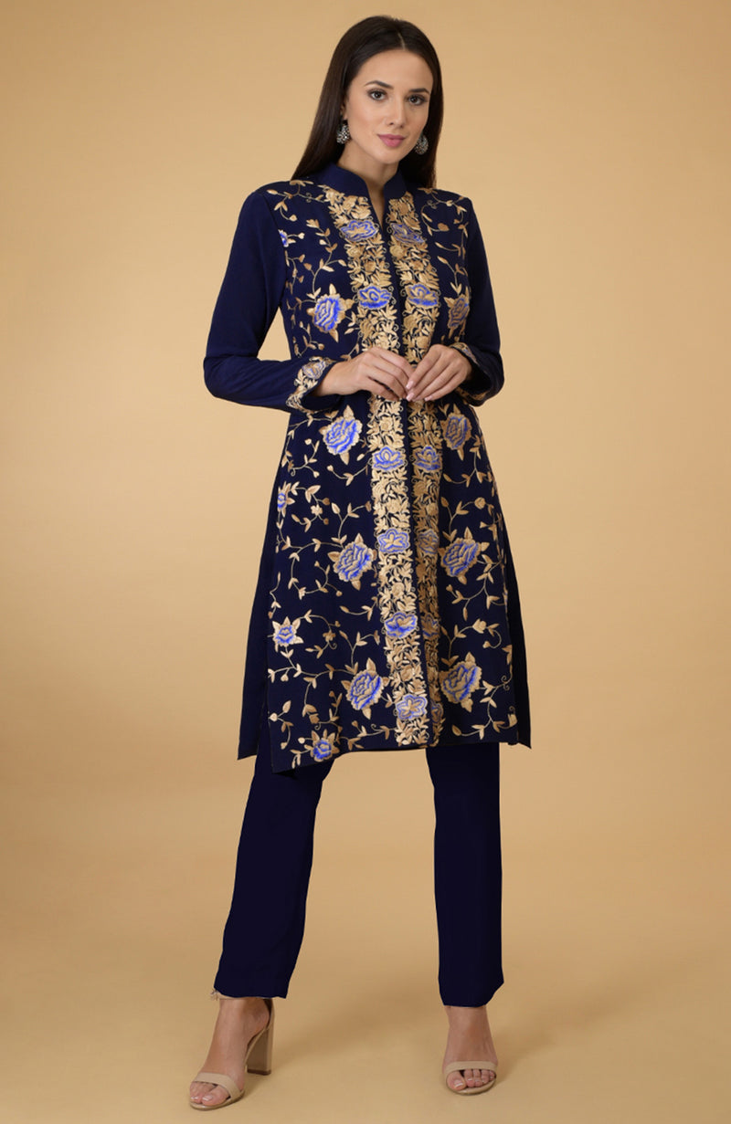 Midnight Blue Parsi Gara Jacket Set