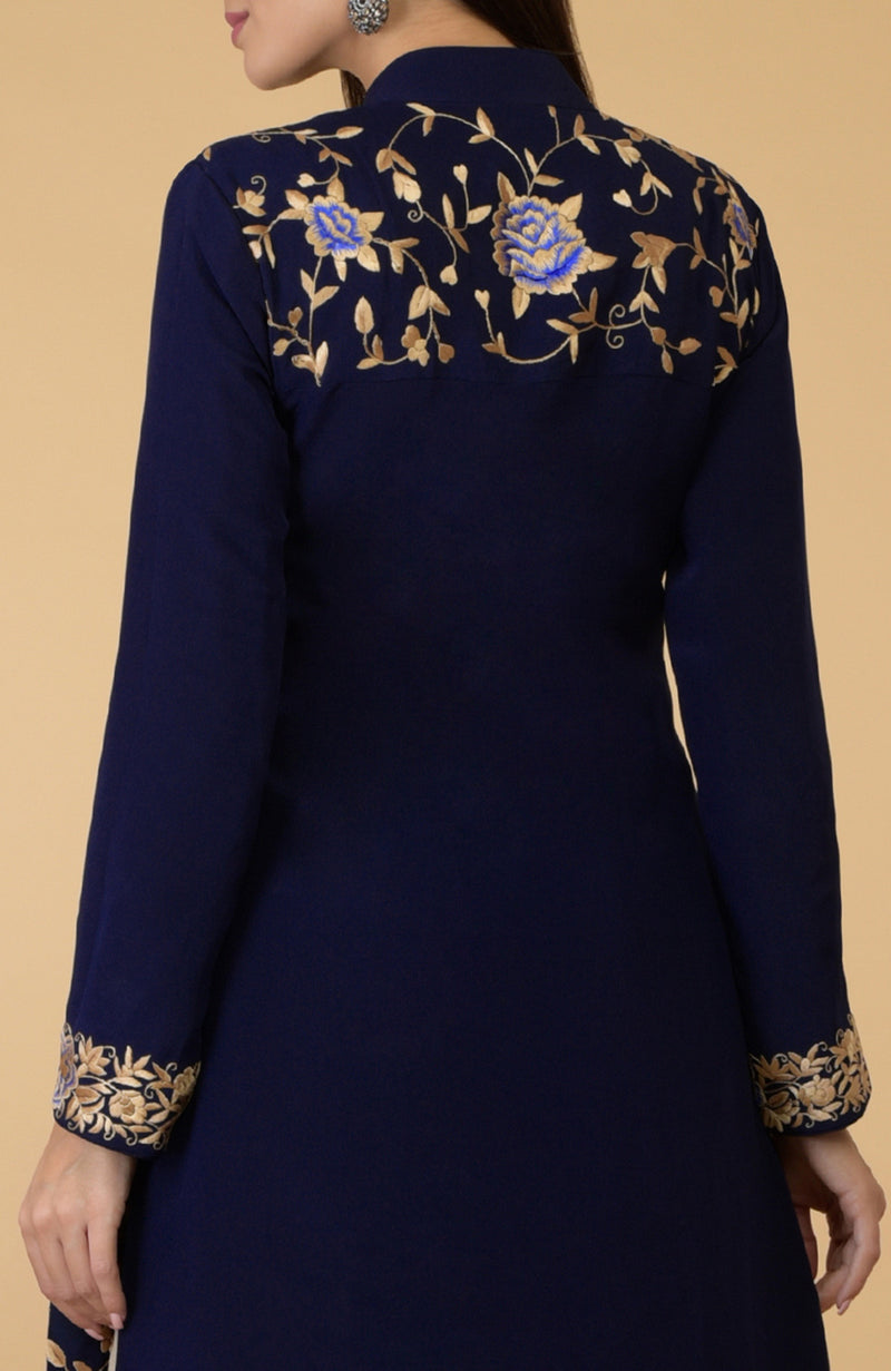 Midnight Blue Parsi Gara Jacket Set