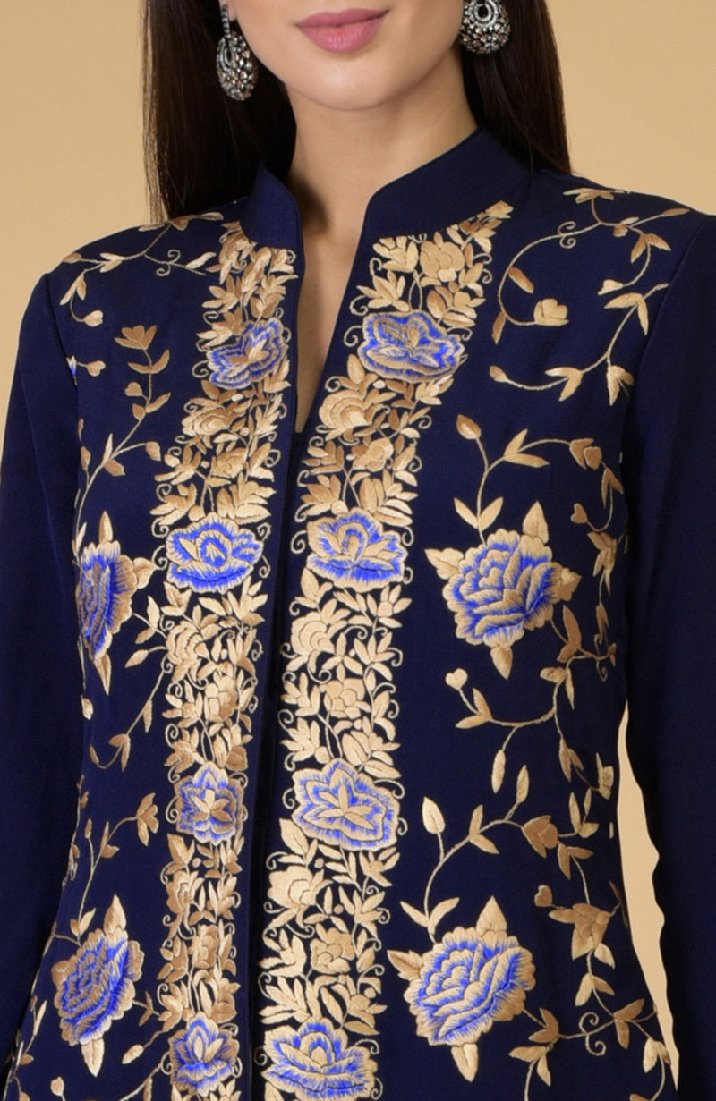 Midnight Blue Parsi Gara Jacket Set