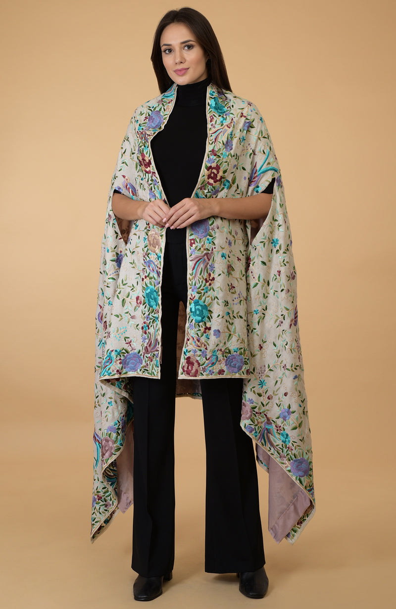 Ivory Parsi Gara Pure Pashmina Shawl Cape