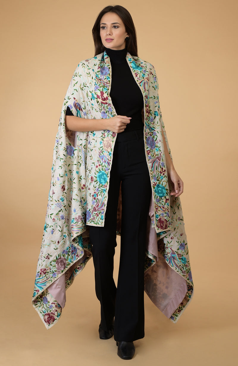 Ivory Parsi Gara Pure Pashmina Shawl Cape