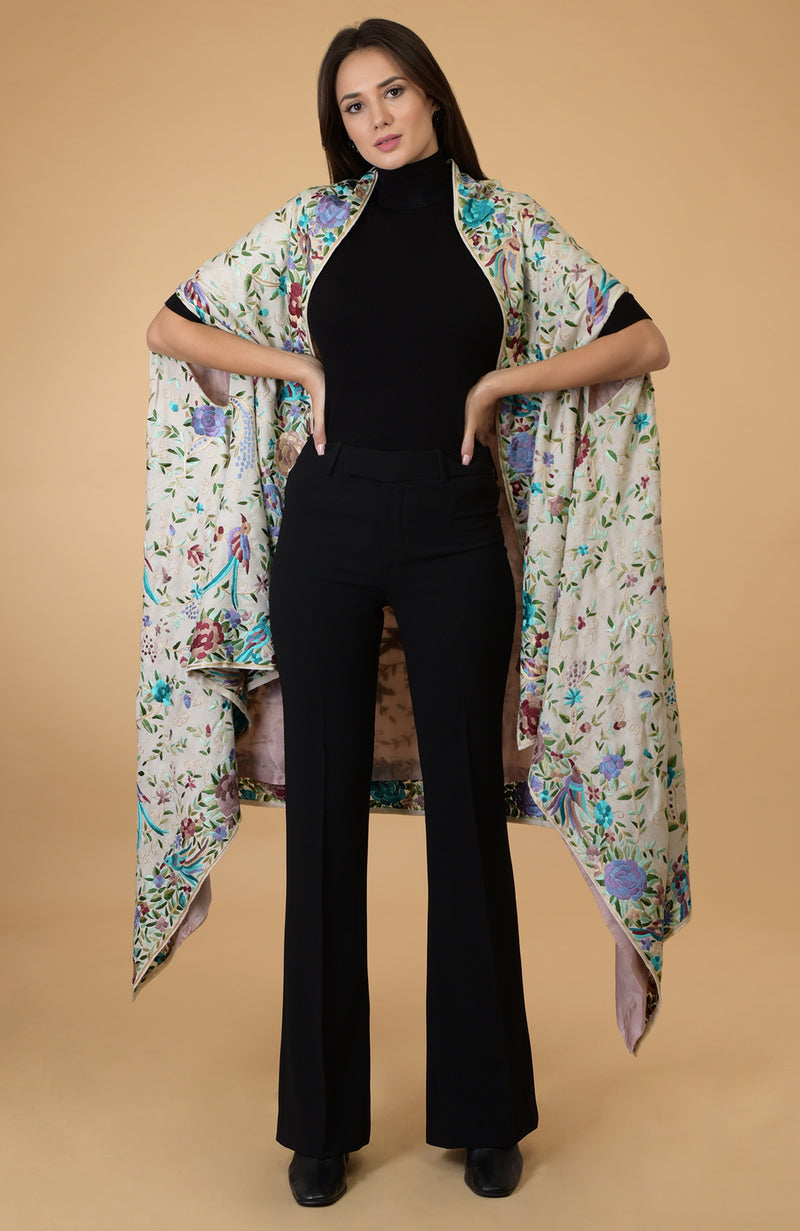 Ivory Parsi Gara Pure Pashmina Shawl Cape
