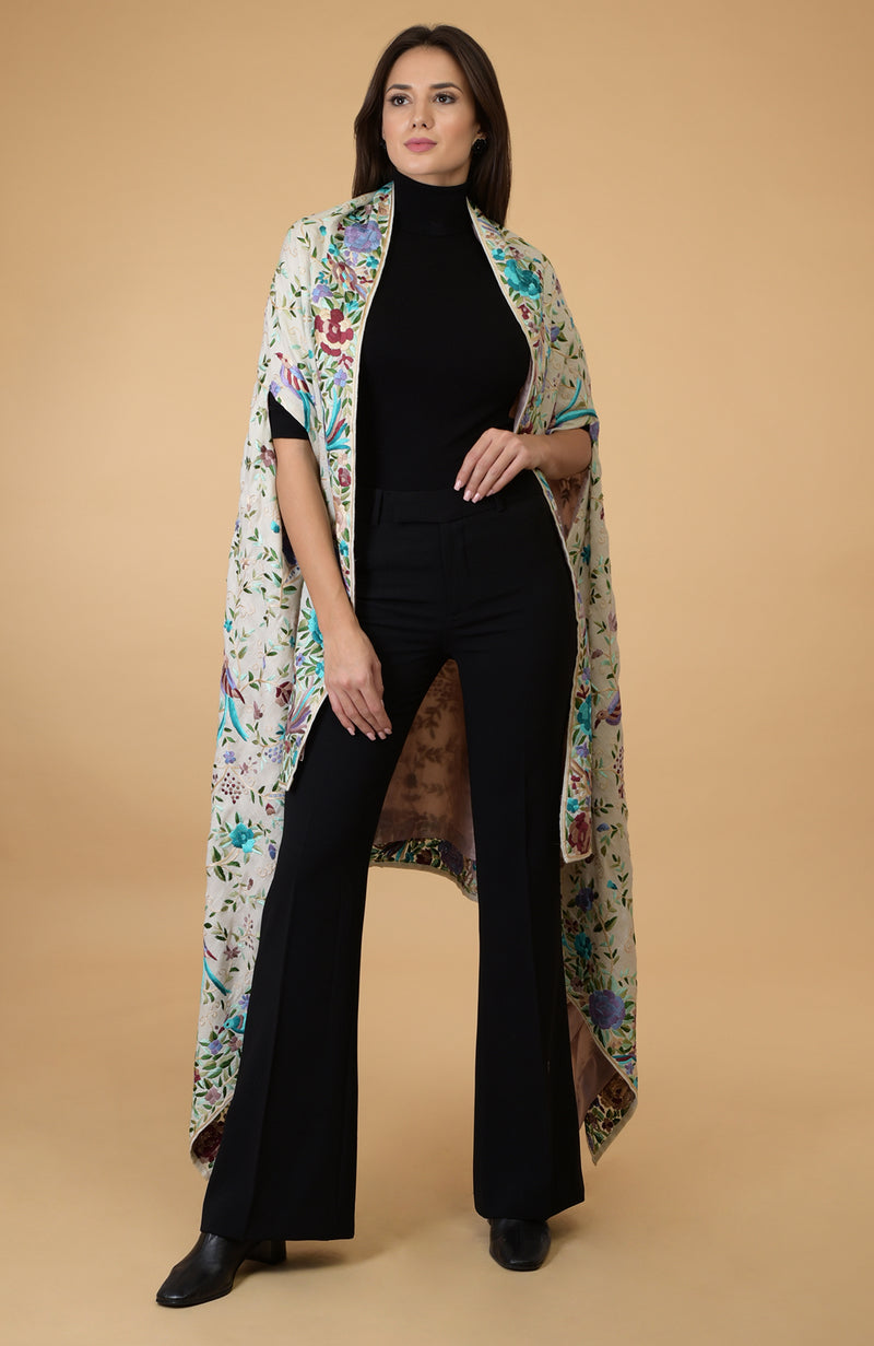 Ivory Parsi Gara Pure Pashmina Shawl Cape