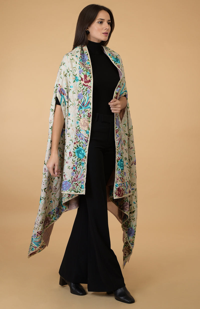 Ivory Parsi Gara Pure Pashmina Shawl Cape