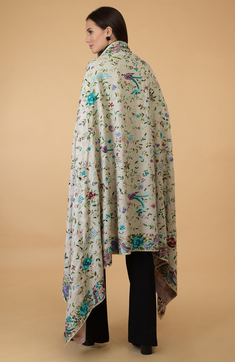 Ivory Parsi Gara Pure Pashmina Shawl Cape