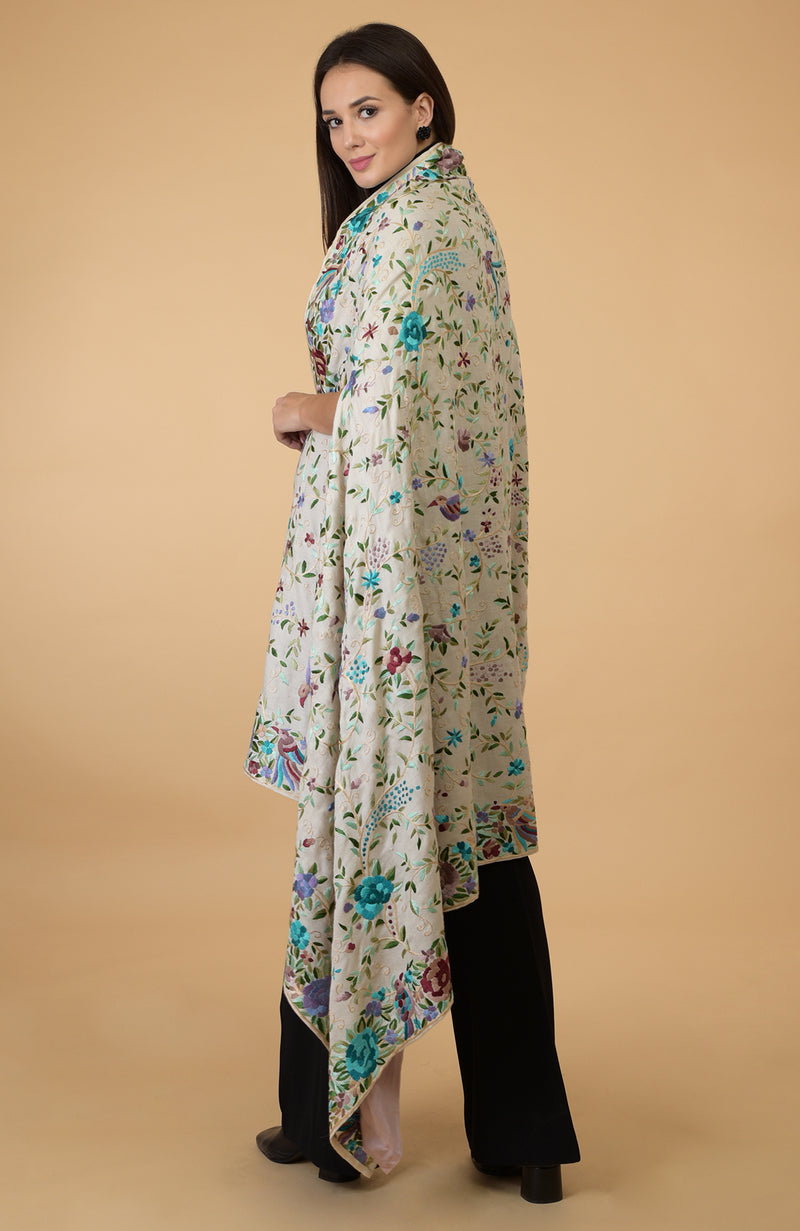 Ivory Parsi Gara Pure Pashmina Shawl Cape