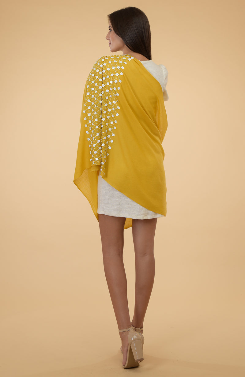 Yellow 3D Floral & Beads Hand Embroidered Pure Cashmere Stole