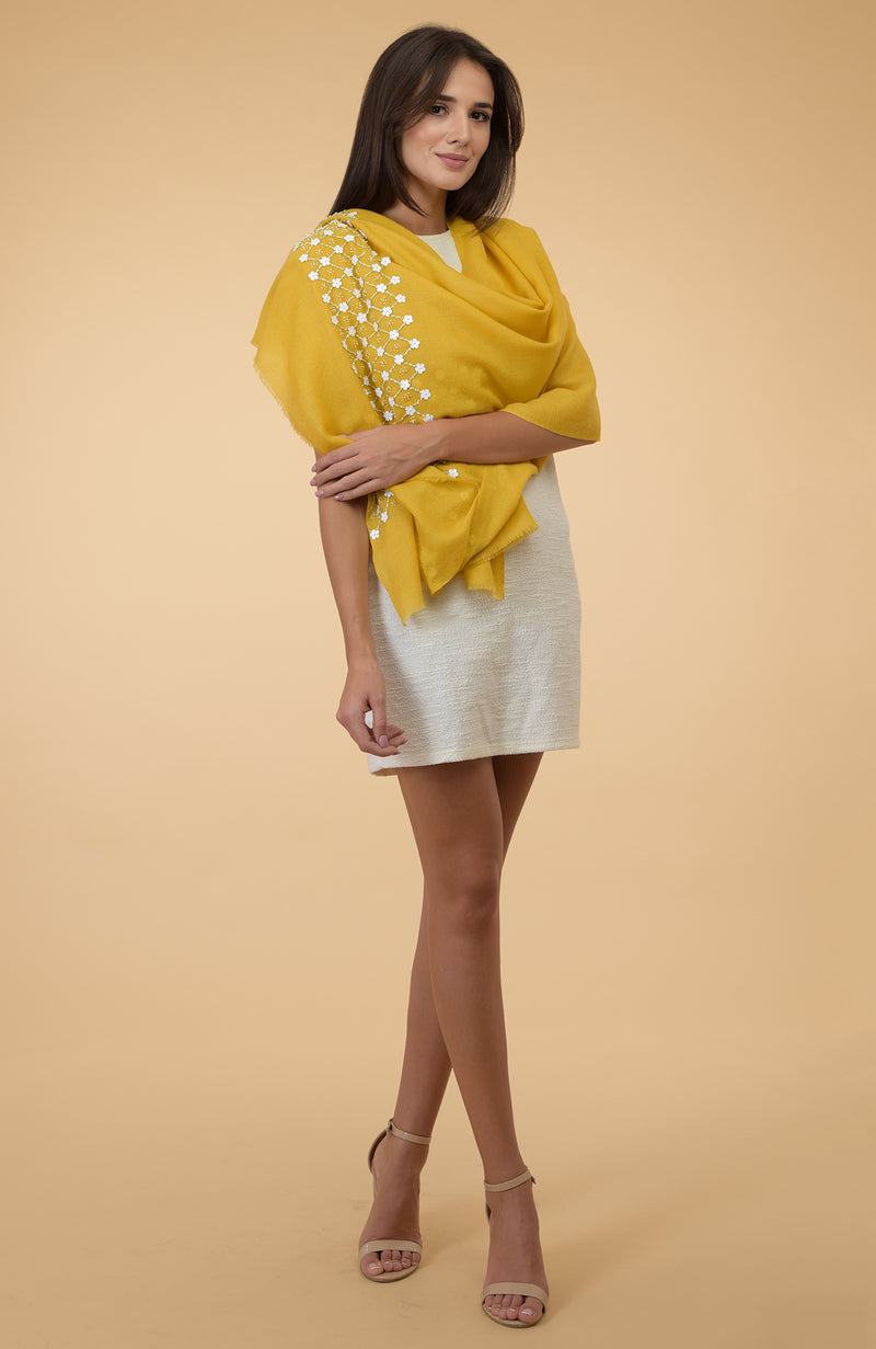 Yellow 3D Floral & Beads Hand Embroidered Pure Cashmere Stole