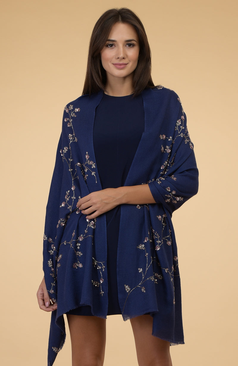 Navy Blue Beads & Sequin Hand Embroidered Pure Cashmere Stole