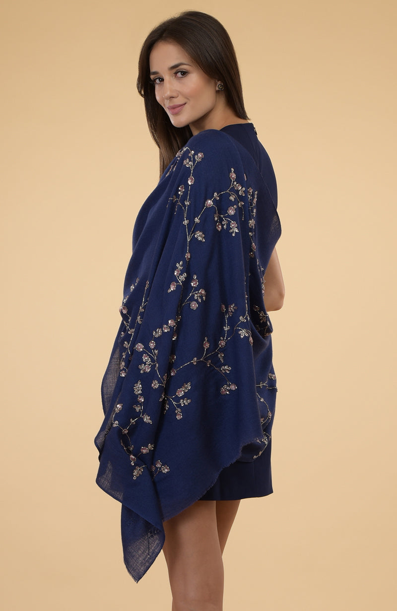 Navy Blue Beads & Sequin Hand Embroidered Pure Cashmere Stole