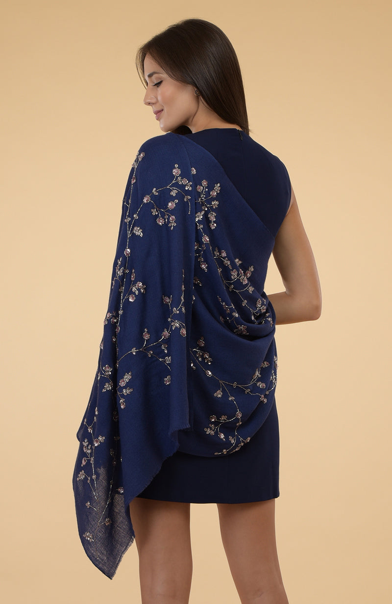 Navy Blue Beads & Sequin Hand Embroidered Pure Cashmere Stole