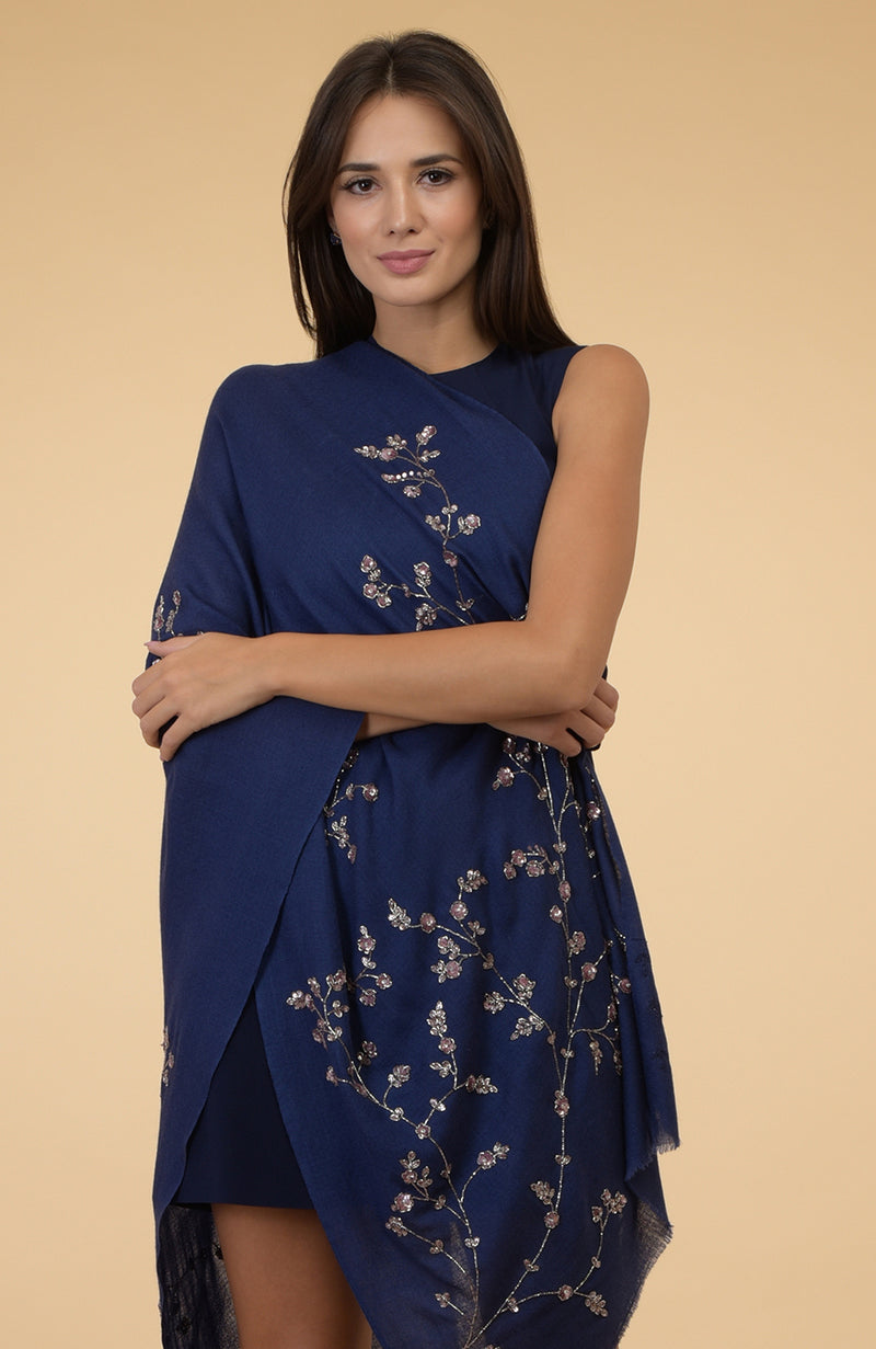 Navy Blue Beads & Sequin Hand Embroidered Pure Cashmere Stole