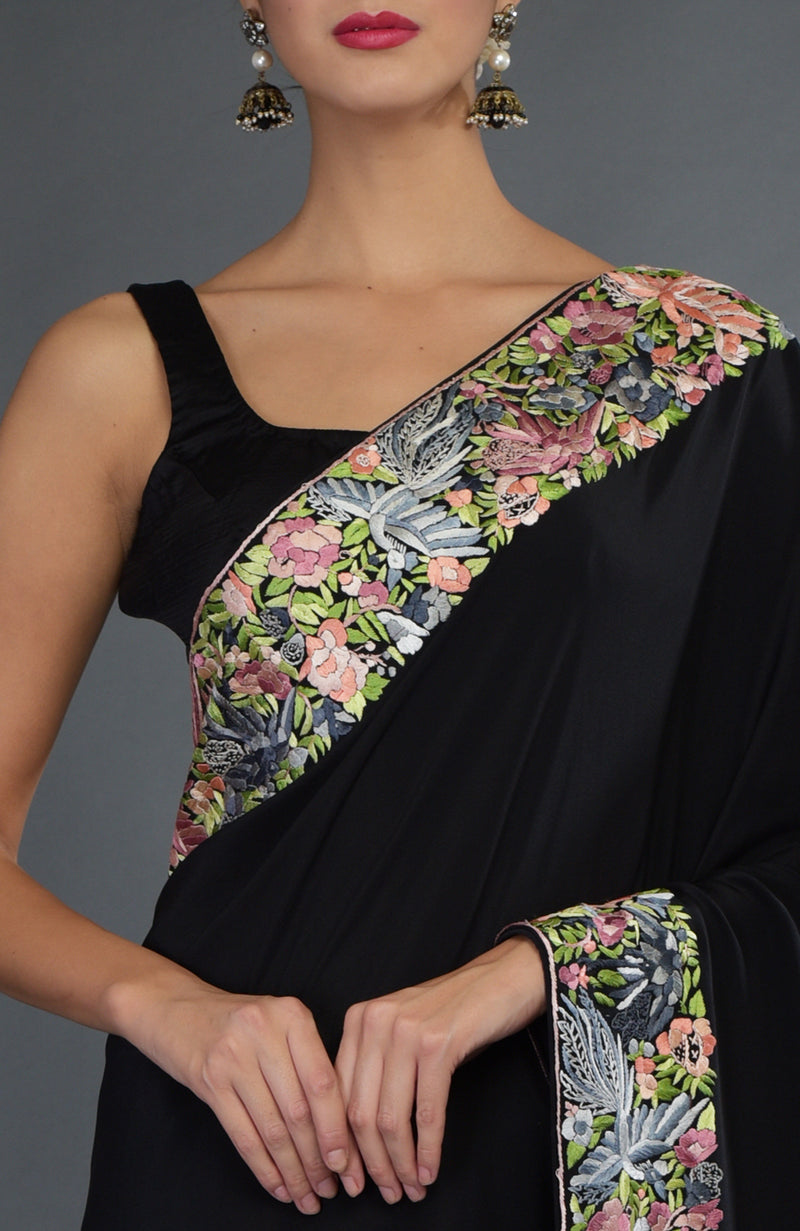 Black Parsi Gara Hand Embroidered Saree