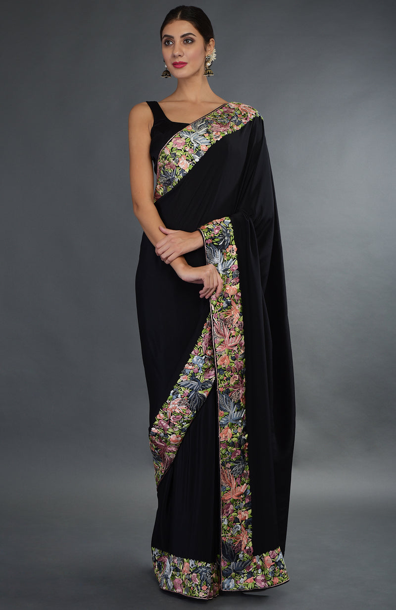 Black Parsi Gara Hand Embroidered Saree