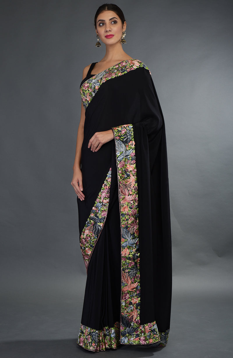 Black Parsi Gara Hand Embroidered Saree