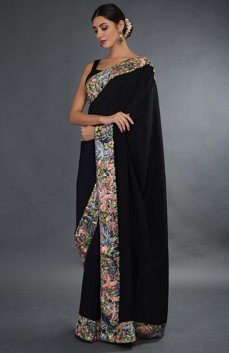 Black Parsi Gara Hand Embroidered Saree