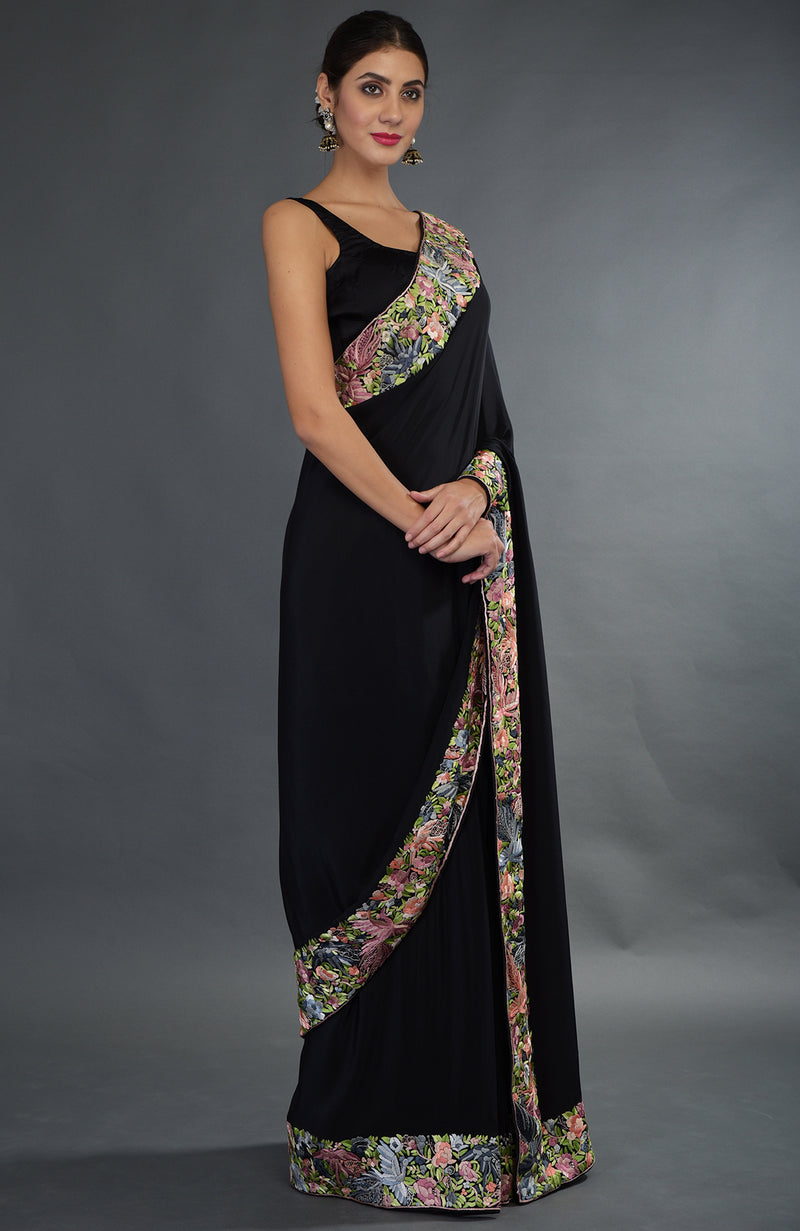 Black Parsi Gara Hand Embroidered Saree