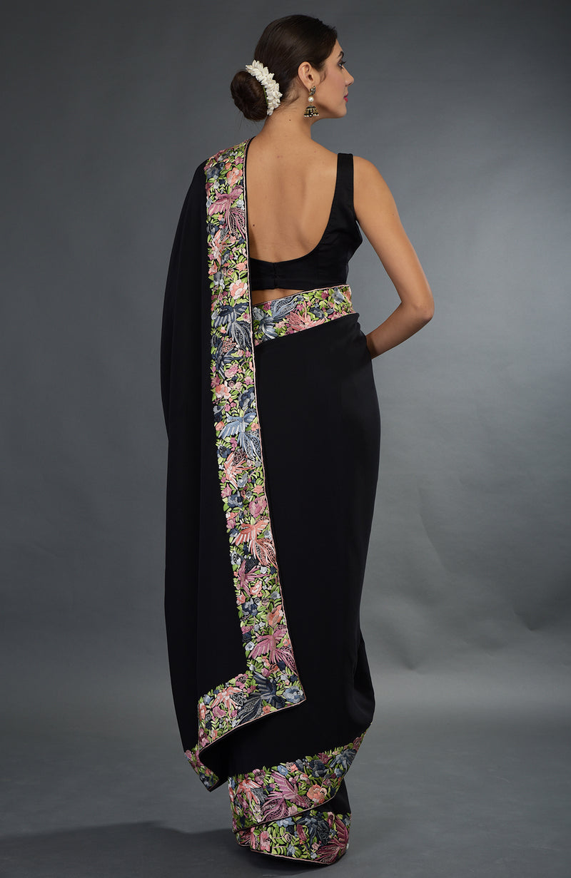 Black Parsi Gara Hand Embroidered Saree