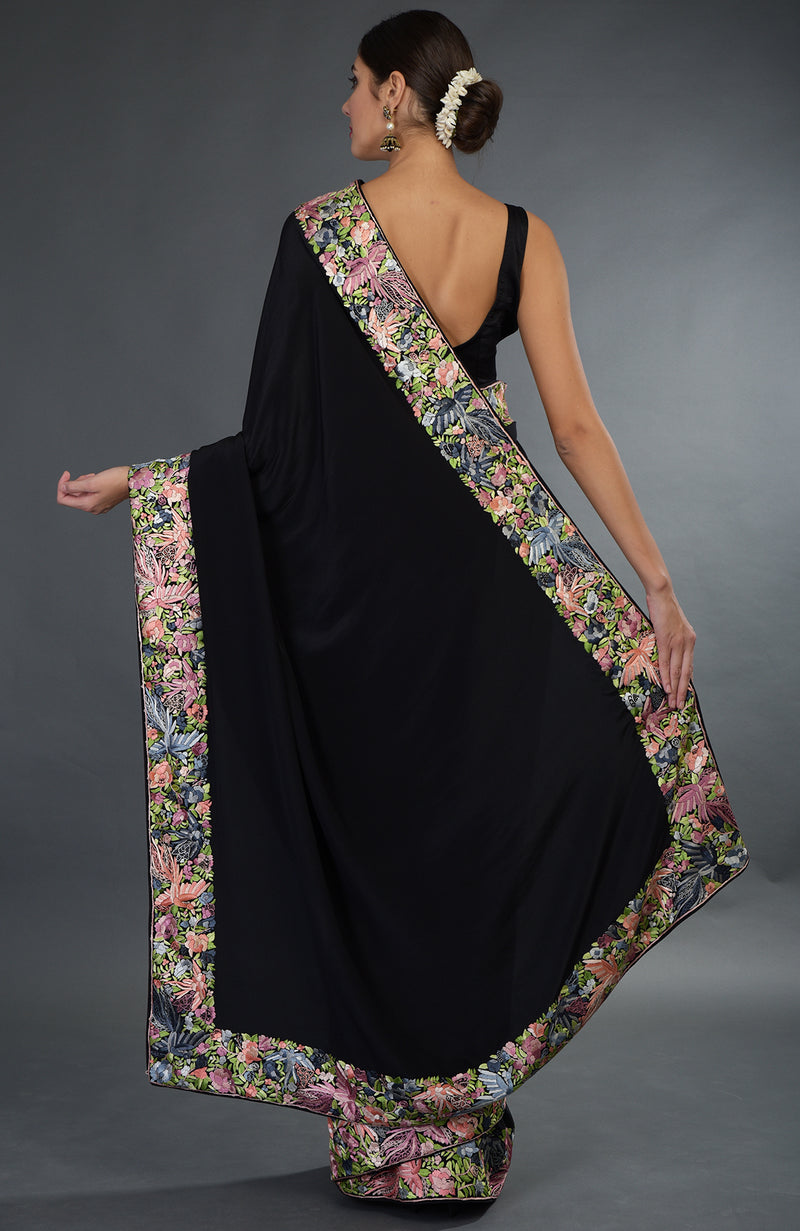 Black Parsi Gara Hand Embroidered Saree