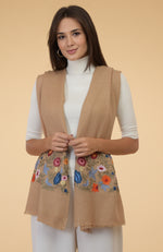 Camel Beige Floral Embroidered Pure Cashmere Stole