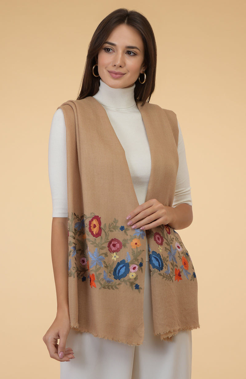 Camel Beige Floral Embroidered Pure Cashmere Stole