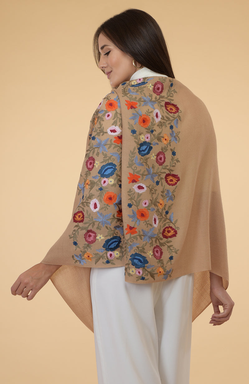 Camel Beige Floral Embroidered Pure Cashmere Stole