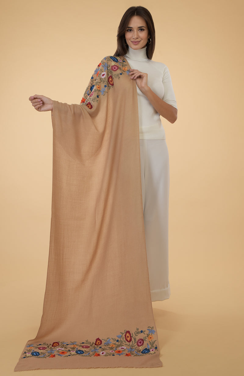 Camel Beige Floral Embroidered Pure Cashmere Stole