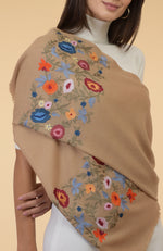 Camel Beige Floral Embroidered Pure Cashmere Stole