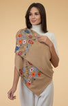 Camel Beige Floral Embroidered Pure Cashmere Stole