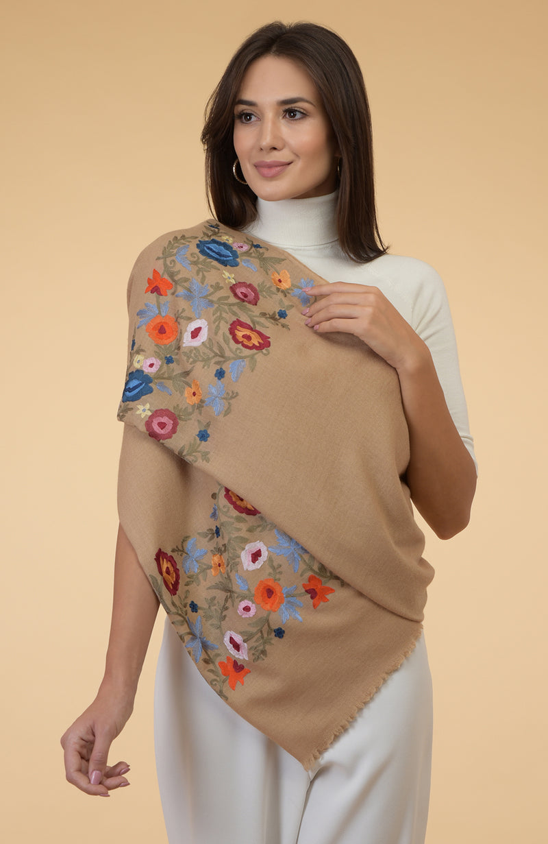 Camel Beige Floral Embroidered Pure Cashmere Stole