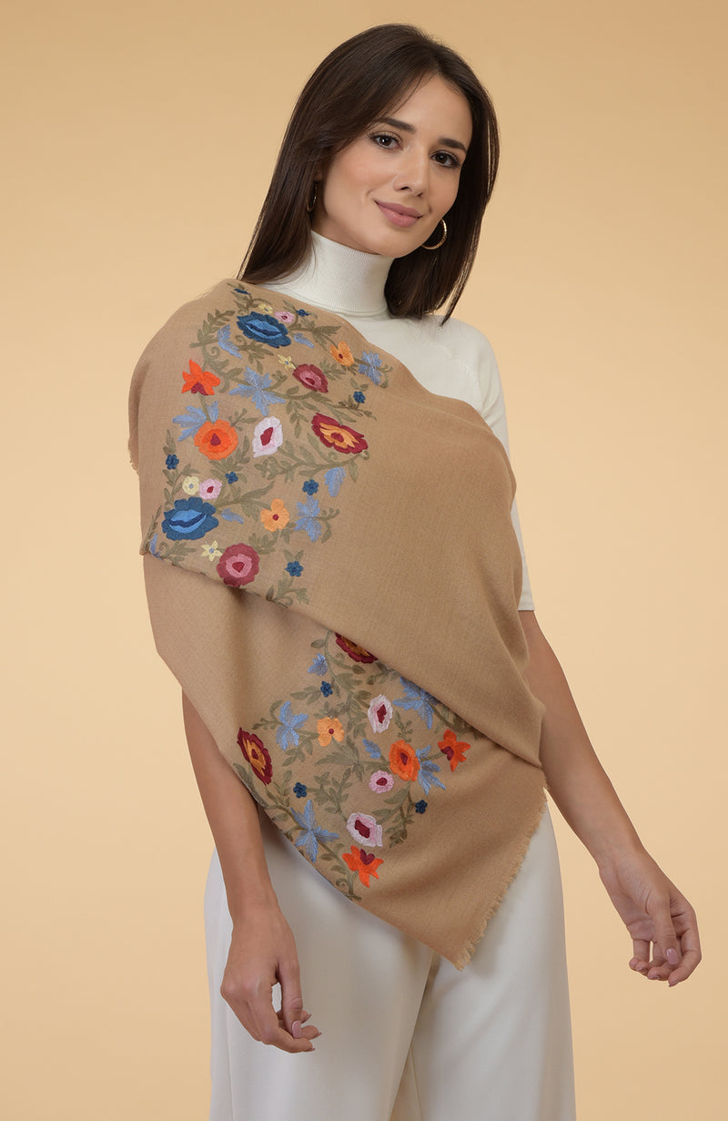 Camel Beige Floral Embroidered Pure Cashmere Stole