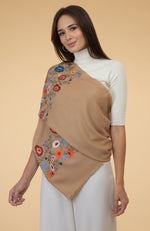 Camel Beige Floral Embroidered Pure Cashmere Stole