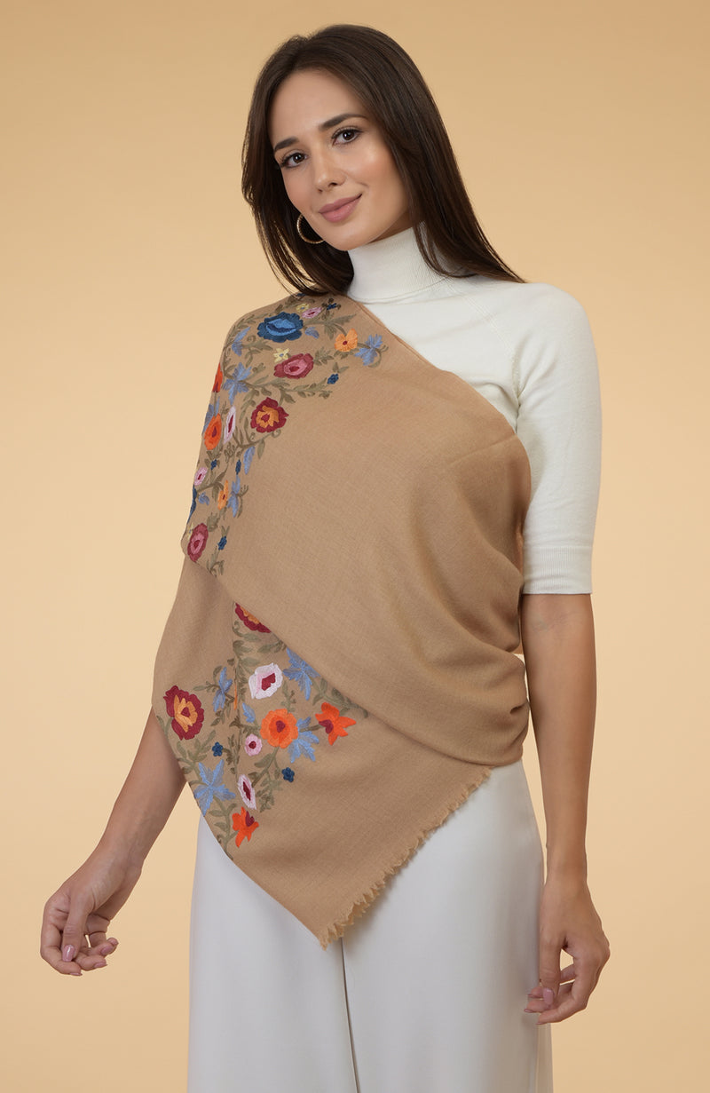 Camel Beige Floral Embroidered Pure Cashmere Stole