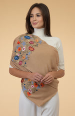 Camel Beige Floral Embroidered Pure Cashmere Stole