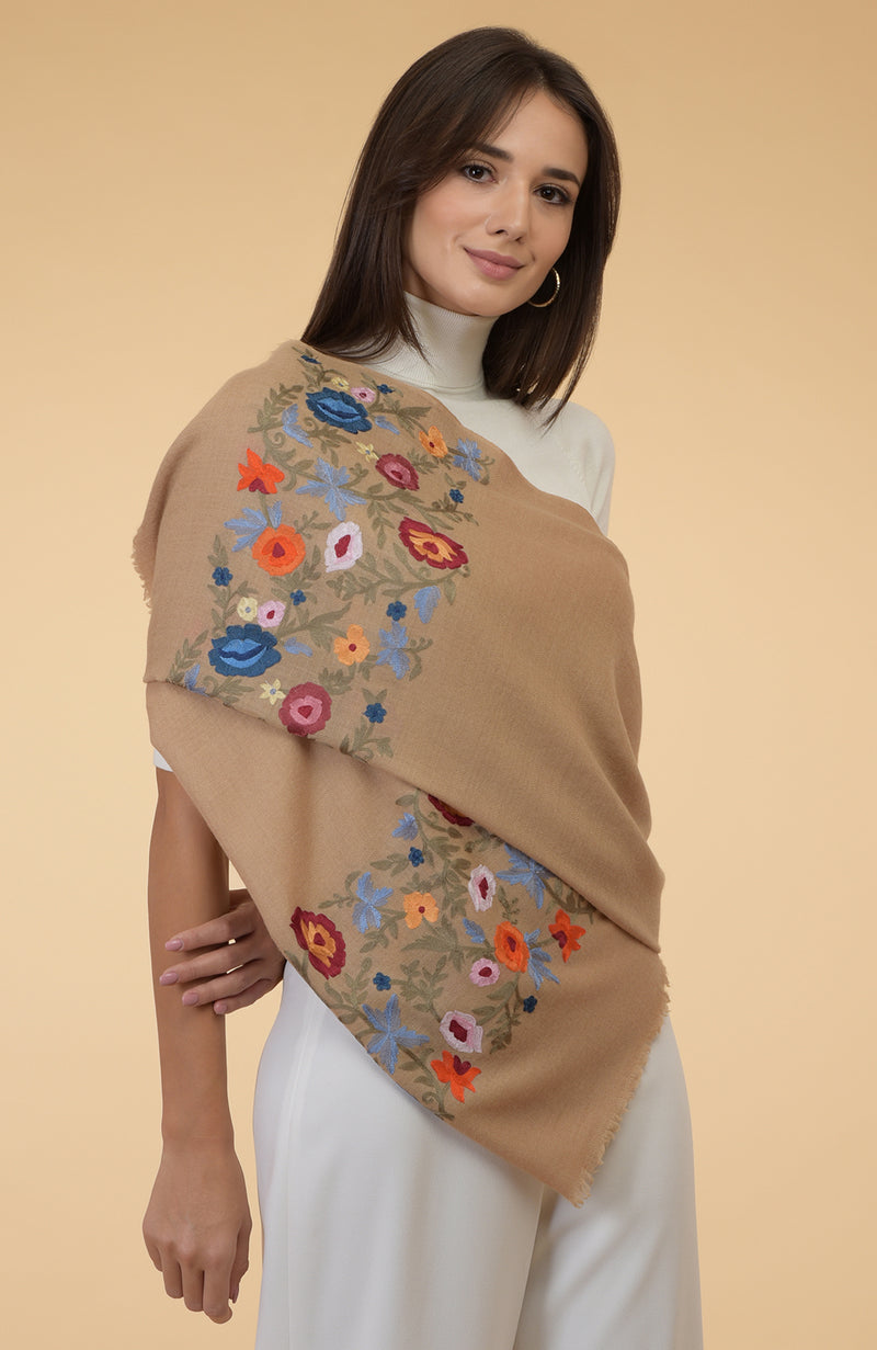 Camel Beige Floral Embroidered Pure Cashmere Stole