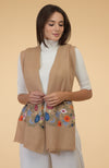 Camel Beige Floral Embroidered Pure Cashmere Stole