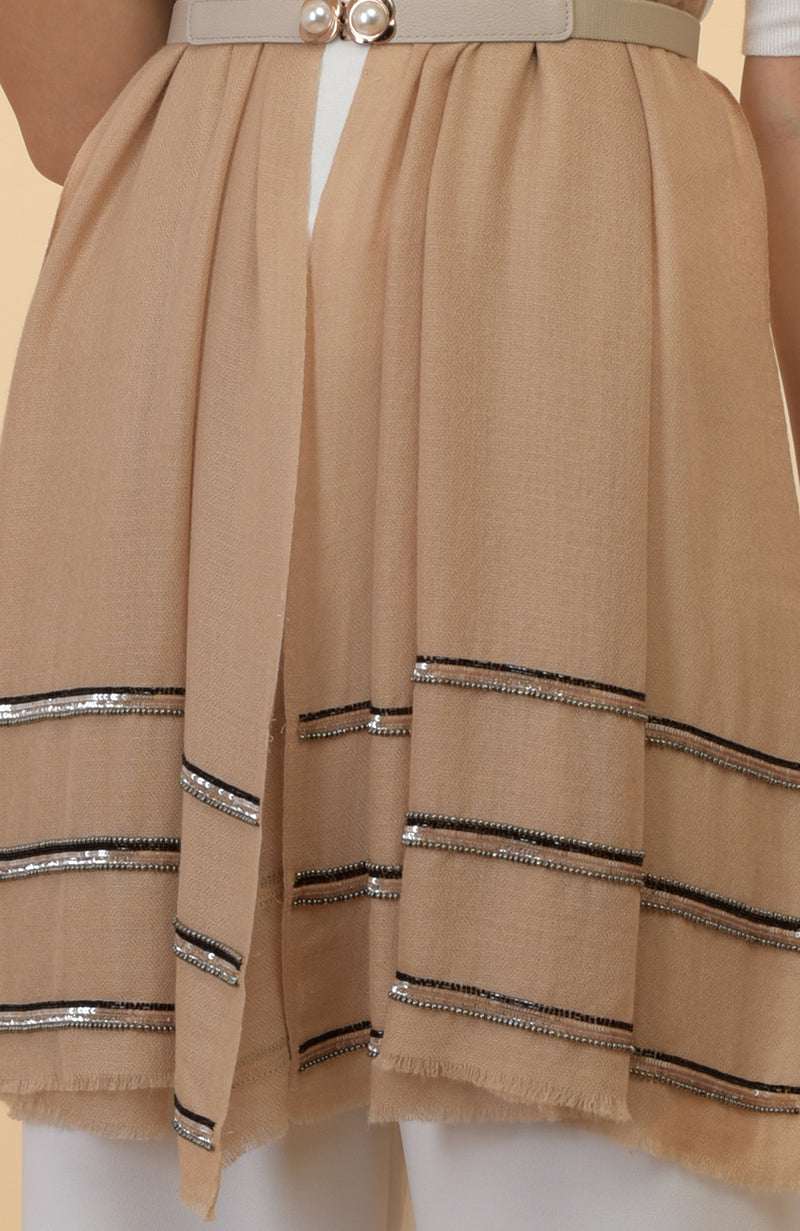 Camel Beige Beads & Sequin Hand Embroidered Pure Cashmere Stole