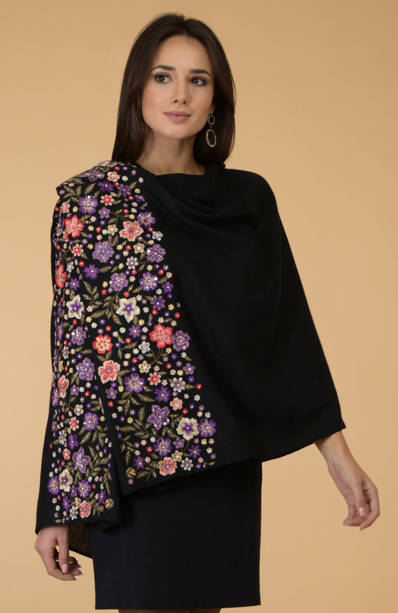 Black- Multicolour Floral Embroidered Pure Cashmere Stole