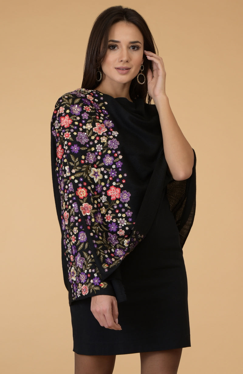 Black- Multicolour Floral Embroidered Pure Cashmere Stole
