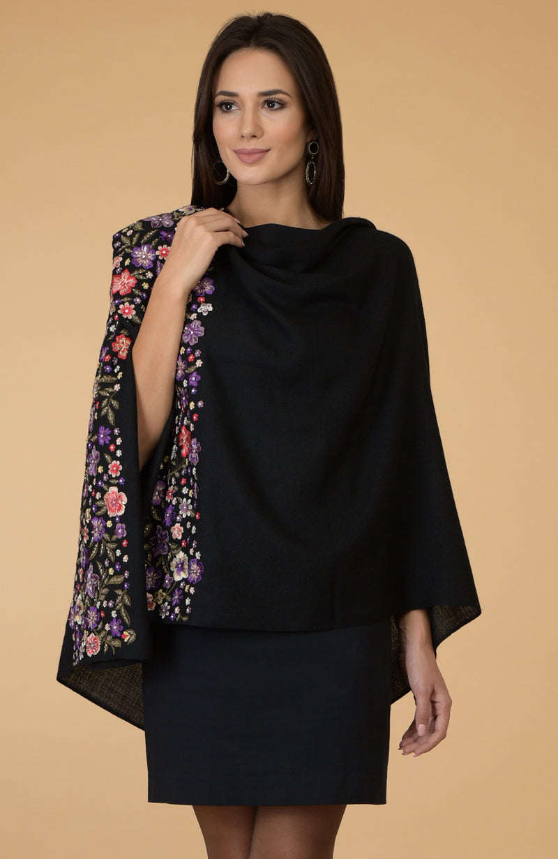 Black- Multicolour Floral Embroidered Pure Cashmere Stole