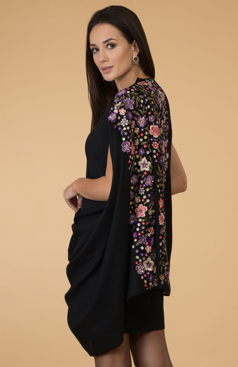 Black- Multicolour Floral Embroidered Pure Cashmere Stole