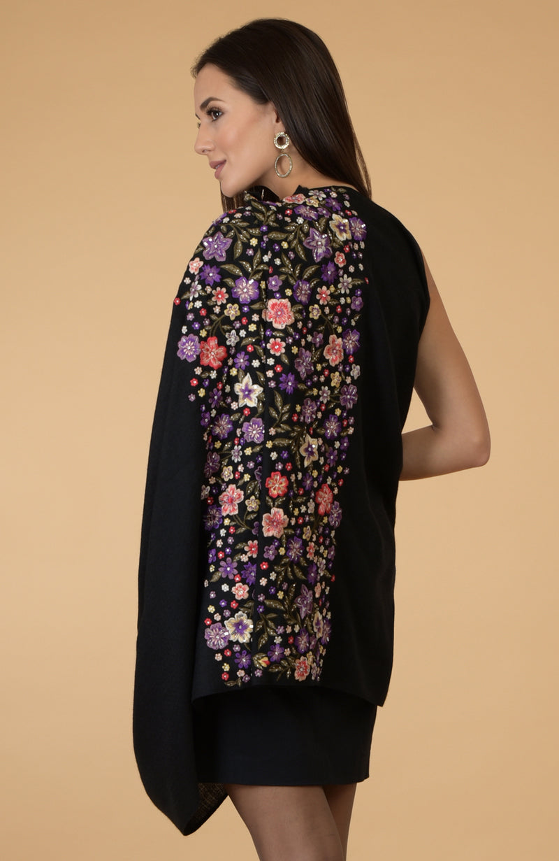 Black- Multicolour Floral Embroidered Pure Cashmere Stole